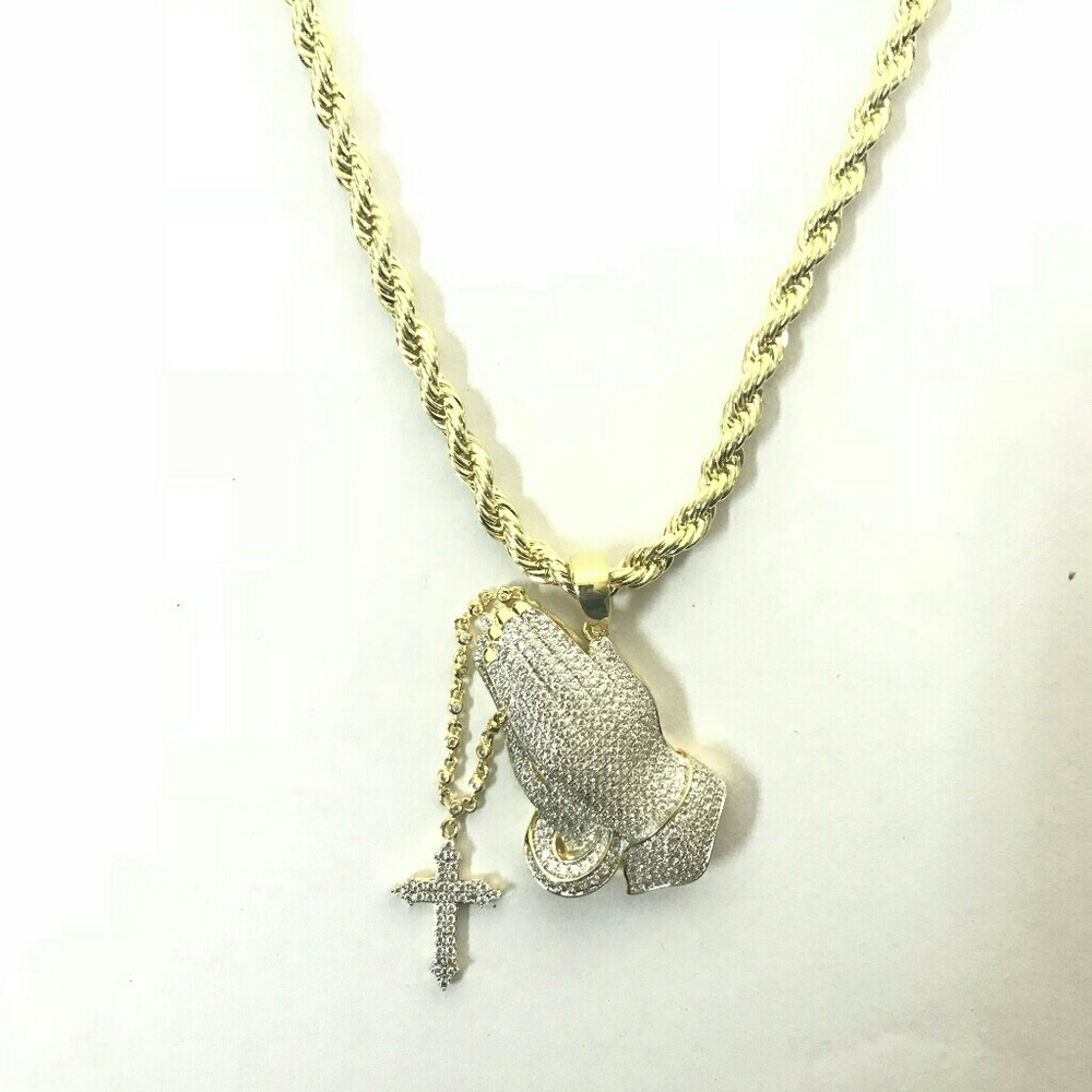 18k gold plated praying hands pendant & rope chain